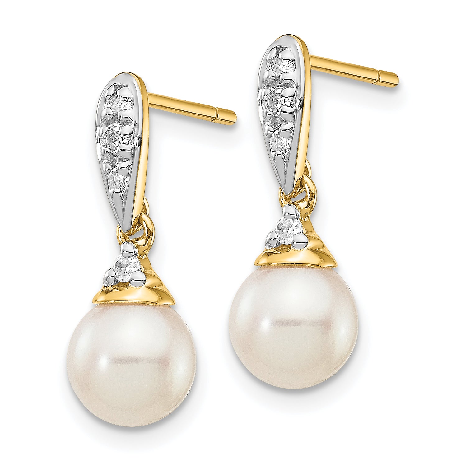 14k 6-7mm White Round FWC Pearl .08ct Diamond Dangle Earrings Secondary image