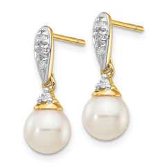14k 6-7mm White Round FWC Pearl .08ct Diamond Dangle Earrings