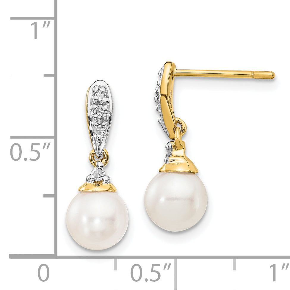 14k 6-7mm White Round FWC Pearl .08ct Diamond Dangle Earrings