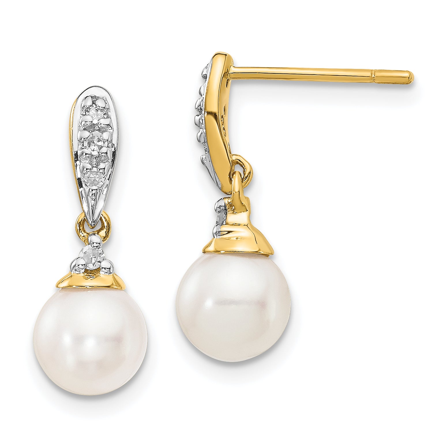 14k 6-7mm White Round FWC Pearl .08ct Diamond Dangle Earrings