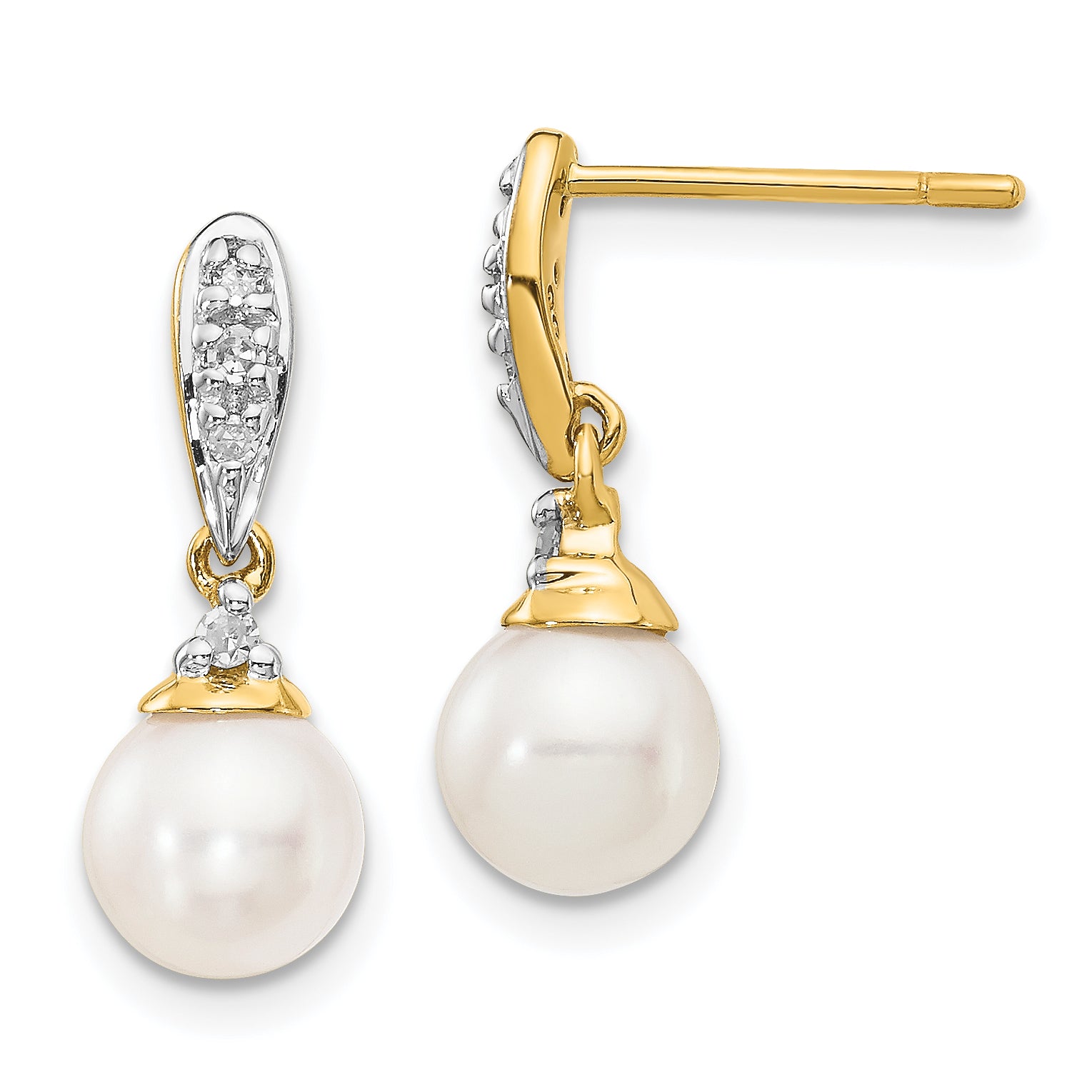 14k 6-7mm White Round FWC Pearl .08ct Diamond Dangle Earrings Main image