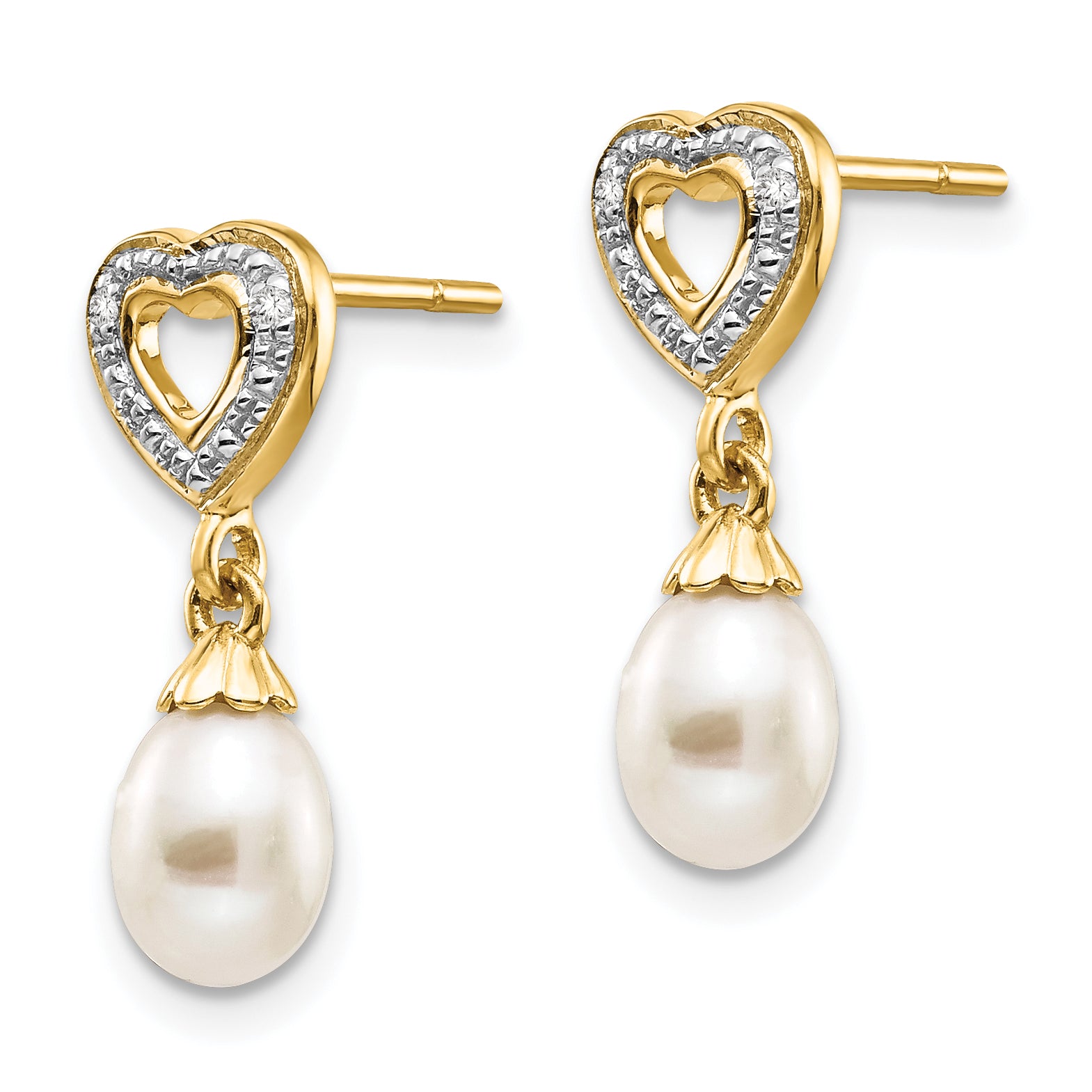 14k 7x5mm Teardrop FWC Pearl .01ct Heart Diamond Dangle Earrings