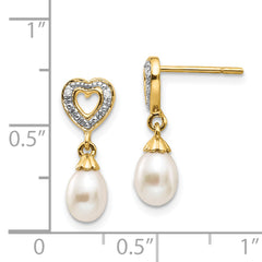 14k 7x5mm Teardrop FWC Pearl .01ct Heart Diamond Dangle Earrings