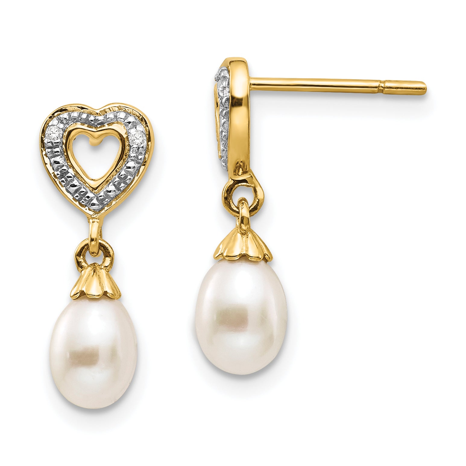 14k 7x5mm Teardrop FWC Pearl .01ct Heart Diamond Dangle Earrings