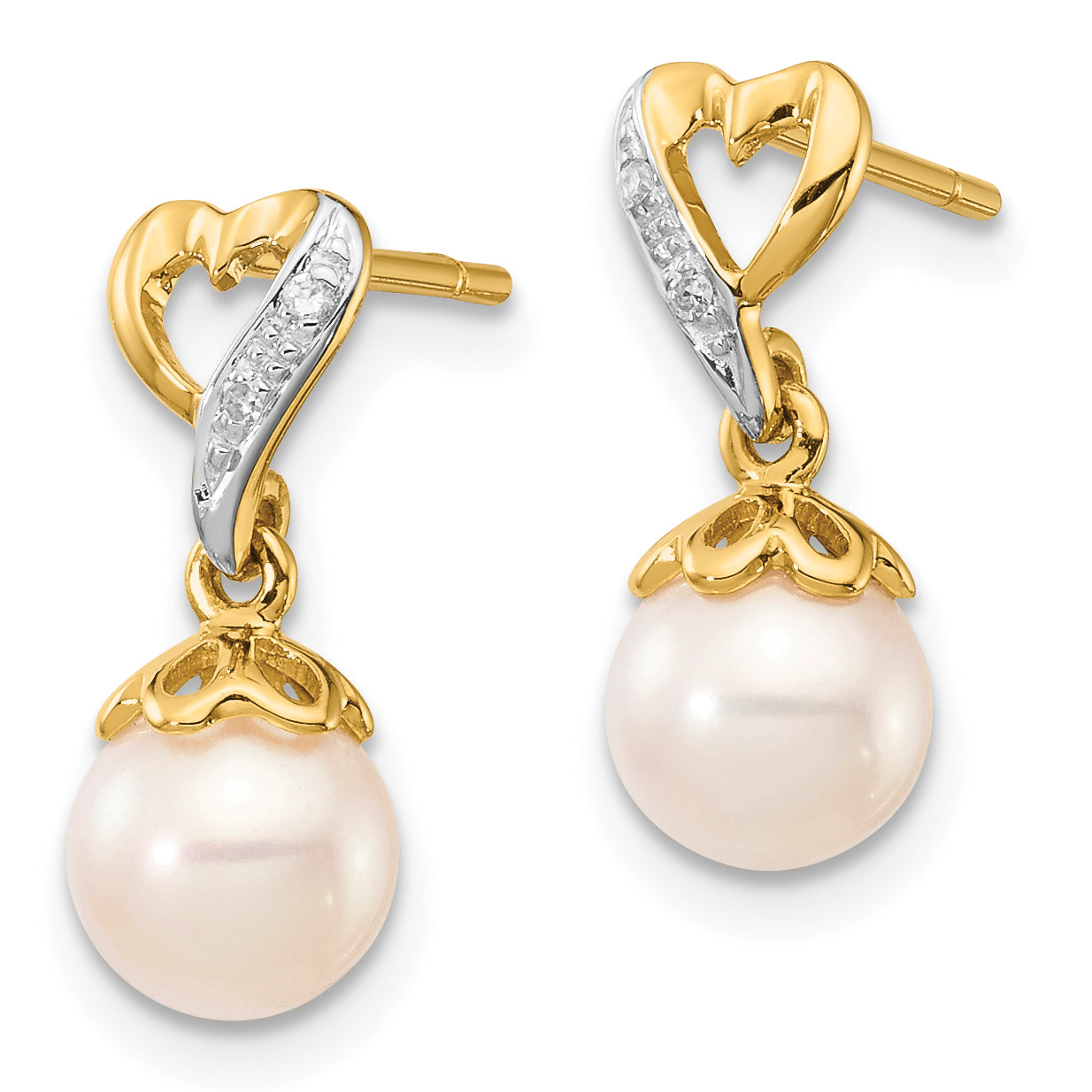 14k 6-7mm Round FWC Pearl .01ct Heart Diamond Dangle Earrings