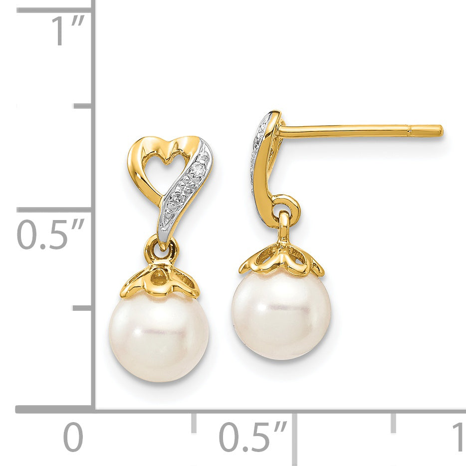 14k 6-7mm Round FWC Pearl .01ct Heart Diamond Dangle Earrings