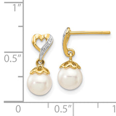 14k 6-7mm Round FWC Pearl .01ct Heart Diamond Dangle Earrings