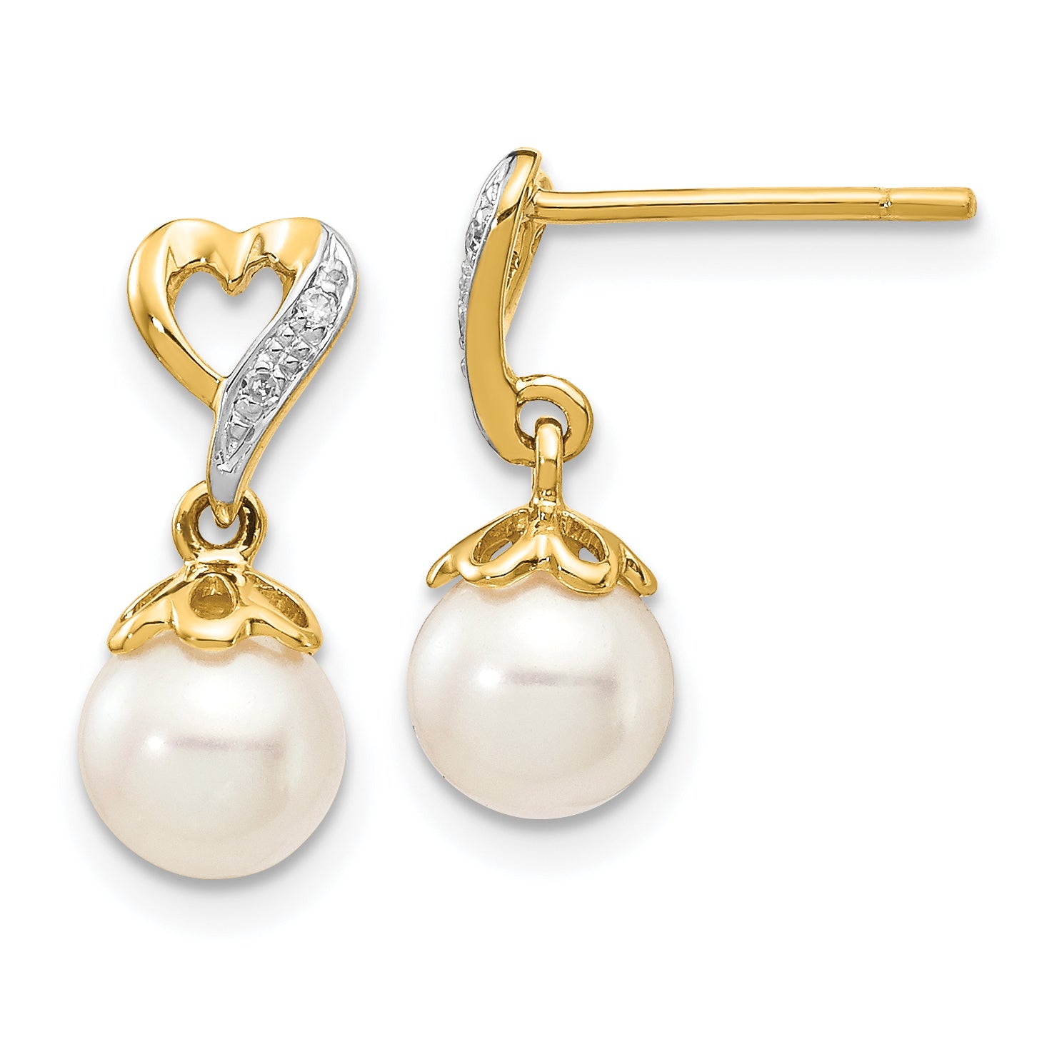 14k 6-7mm Round FWC Pearl .01ct Heart Diamond Dangle Earrings