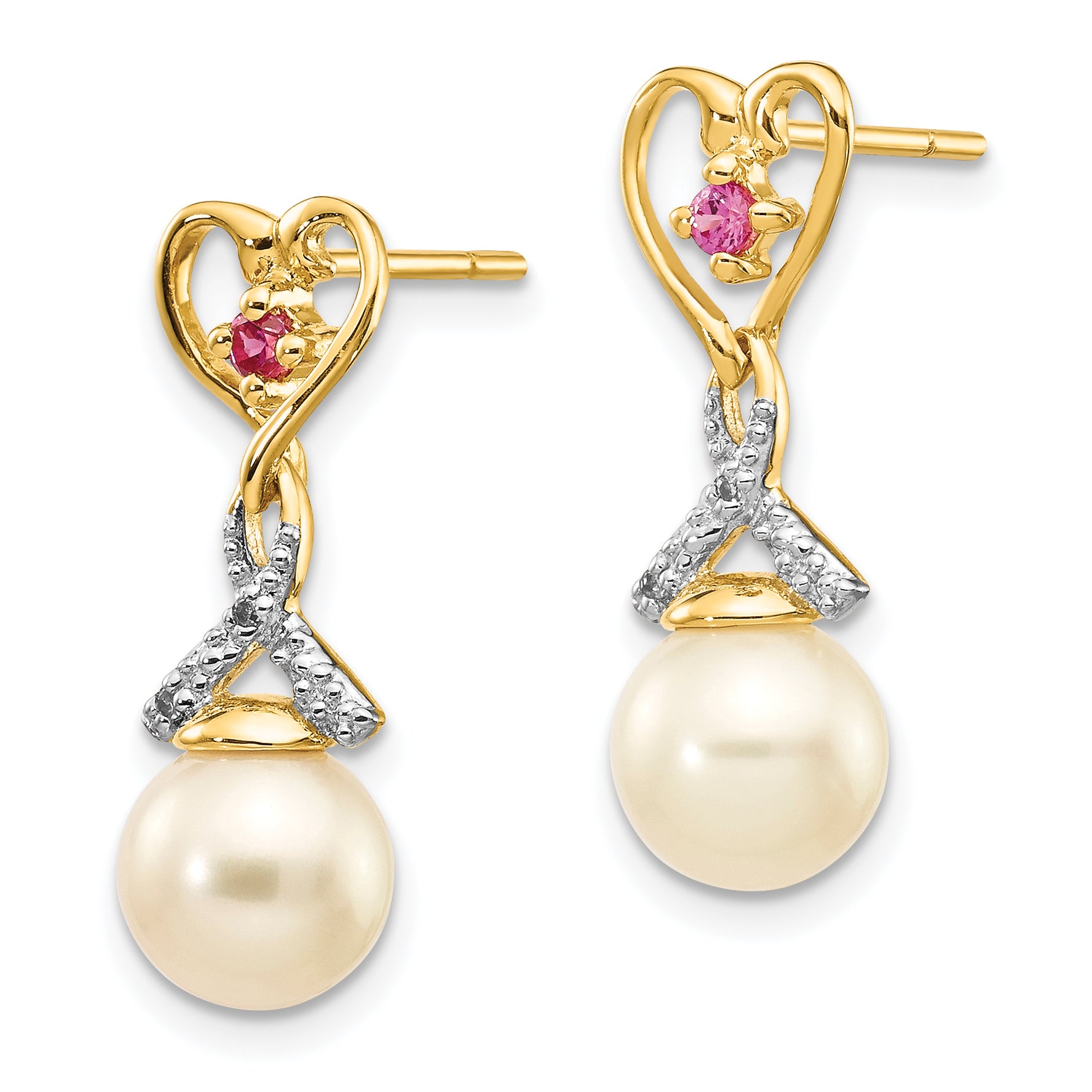 14k 7-8mm FWC Pearl Created Ruby Diamond Heart Dangle Earrings Secondary image