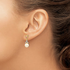14k 7-8mm FWC Pearl Created Ruby Diamond Heart Dangle Earrings