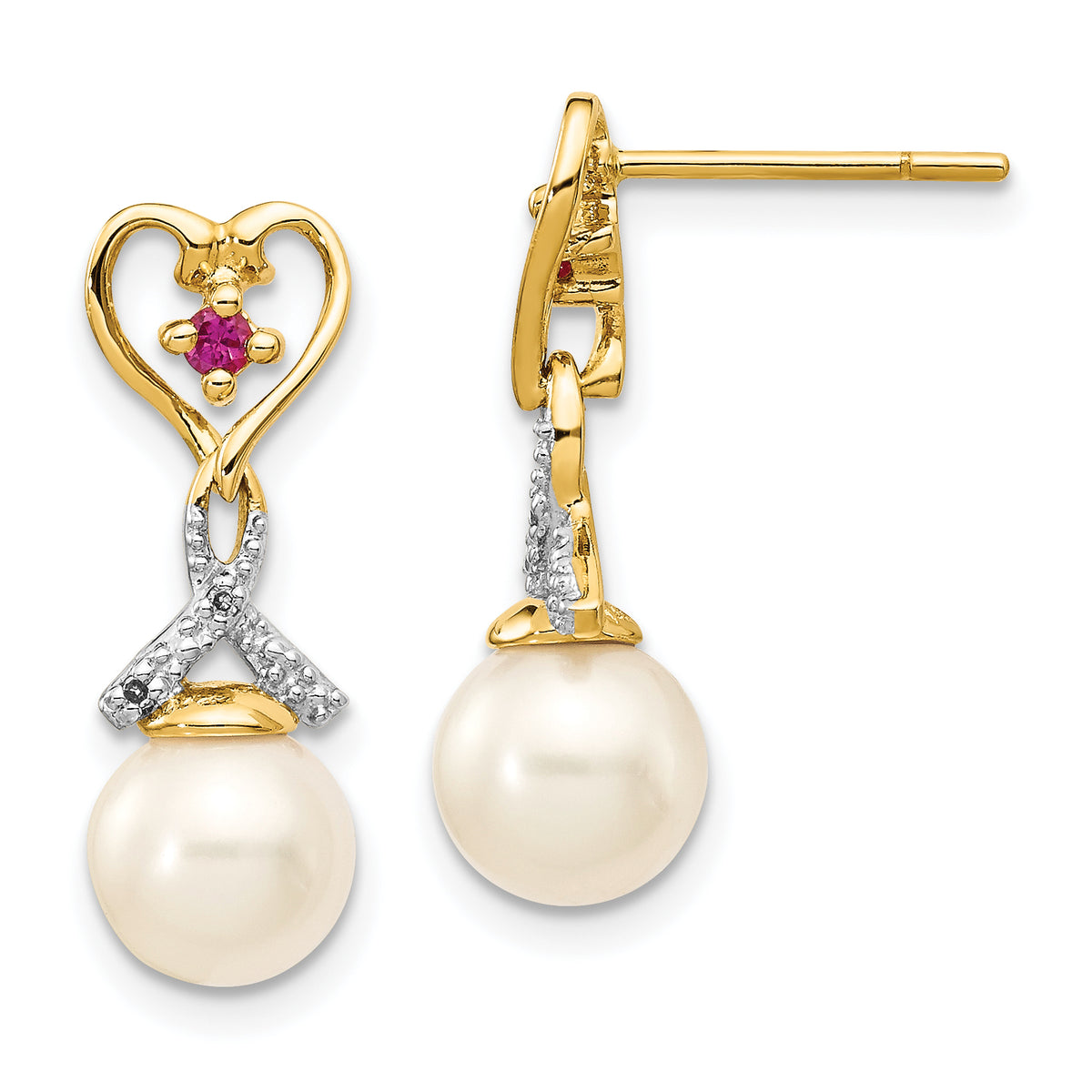 14k 7-8mm FWC Pearl Created Ruby Diamond Heart Dangle Earrings