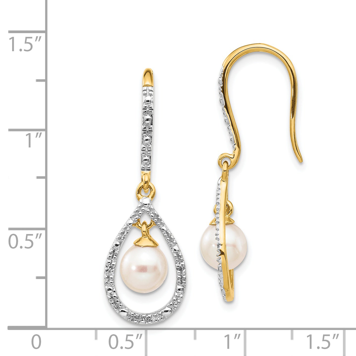 14k 6-7mm White Round FWC Pearl .02ct. Diamond Dangle Earrings
