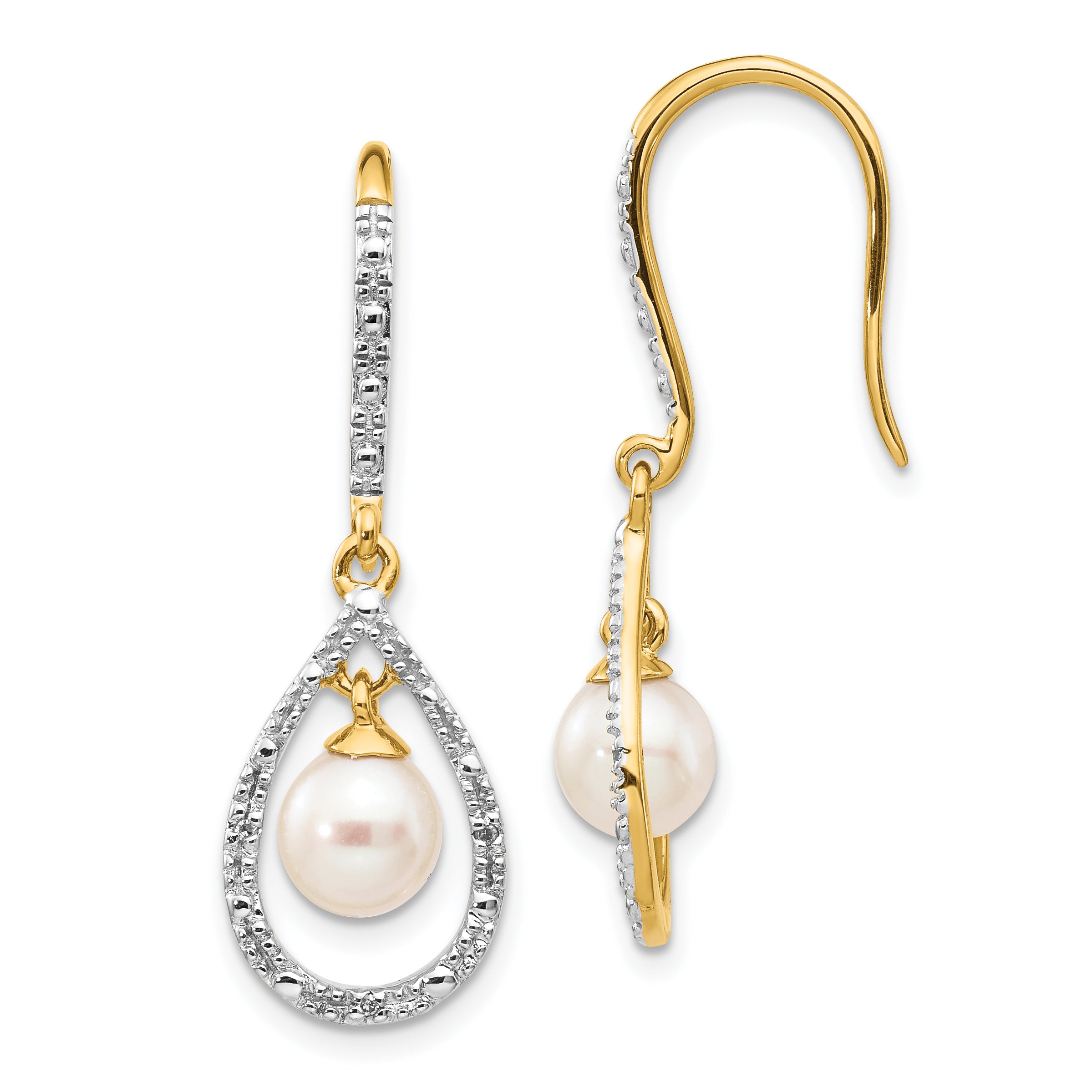 14k 6-7mm White Round FWC Pearl .02ct. Diamond Dangle Earrings Main image