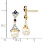 14k 7-8mm FWC Pearl Created Sapphire Diamond Dangle Post Earrings