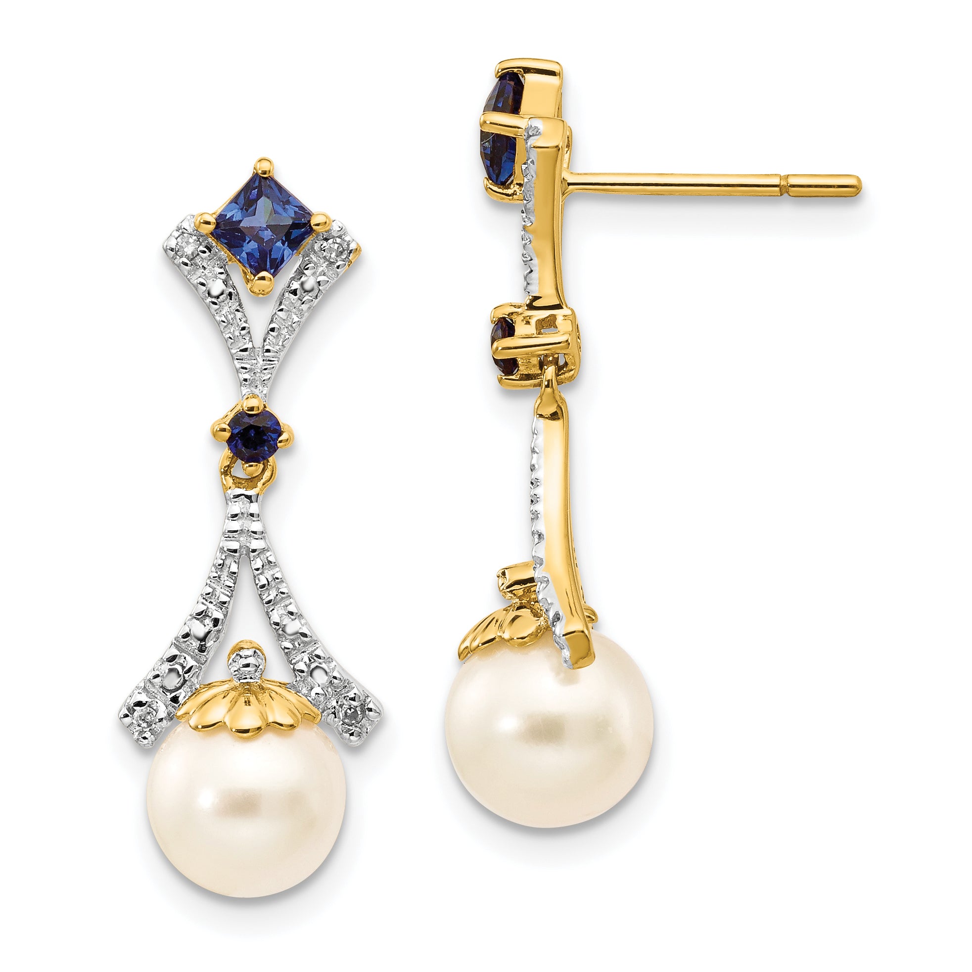 14k 7-8mm FWC Pearl Created Sapphire Diamond Dangle Post Earrings Main image