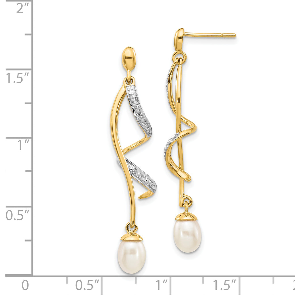 14k 7x5mm White Teardrop FWC Pearl .01ct Diamond Dangle Earrings