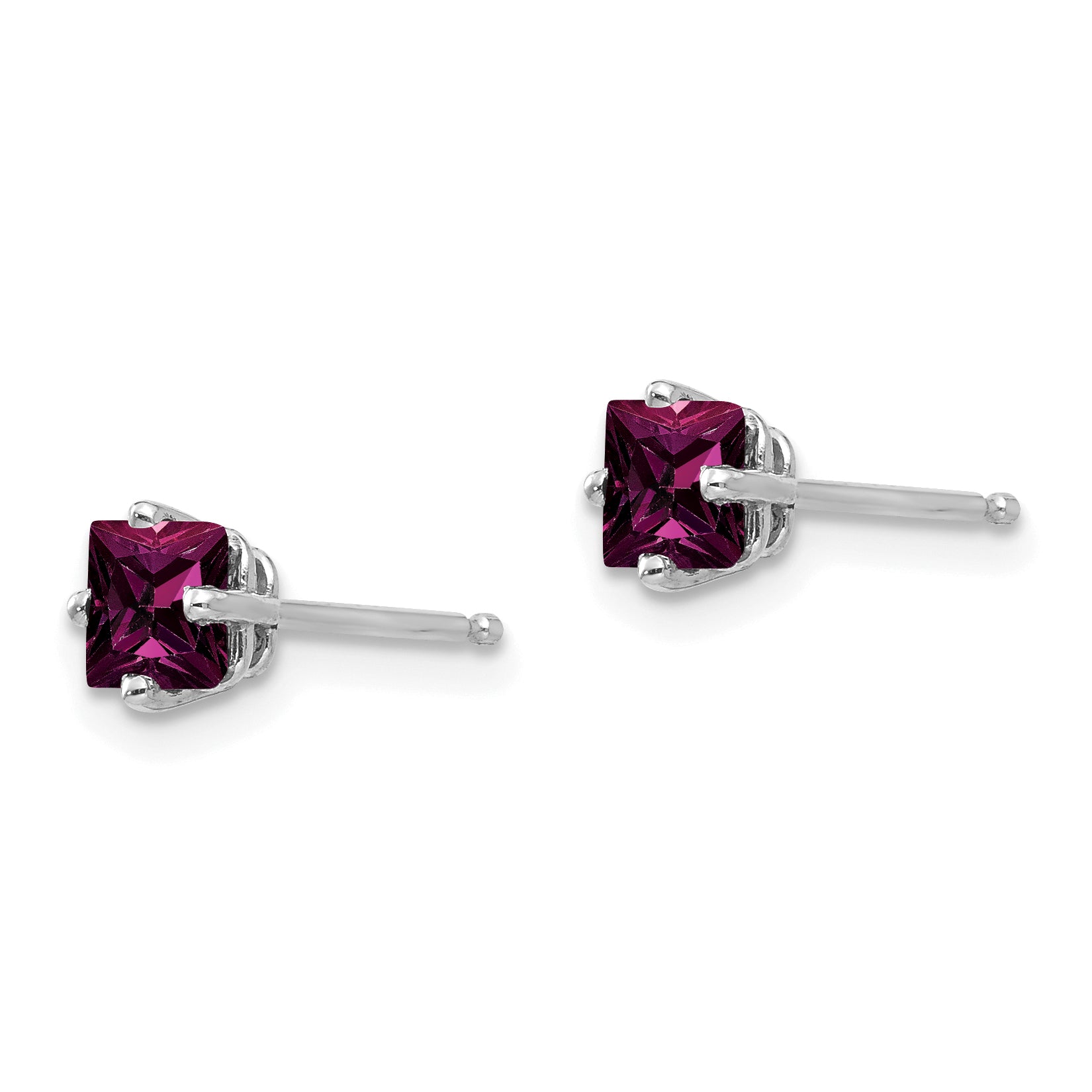 14k White Gold 4mm Princess Cut Rhodolite Garnet Earrings