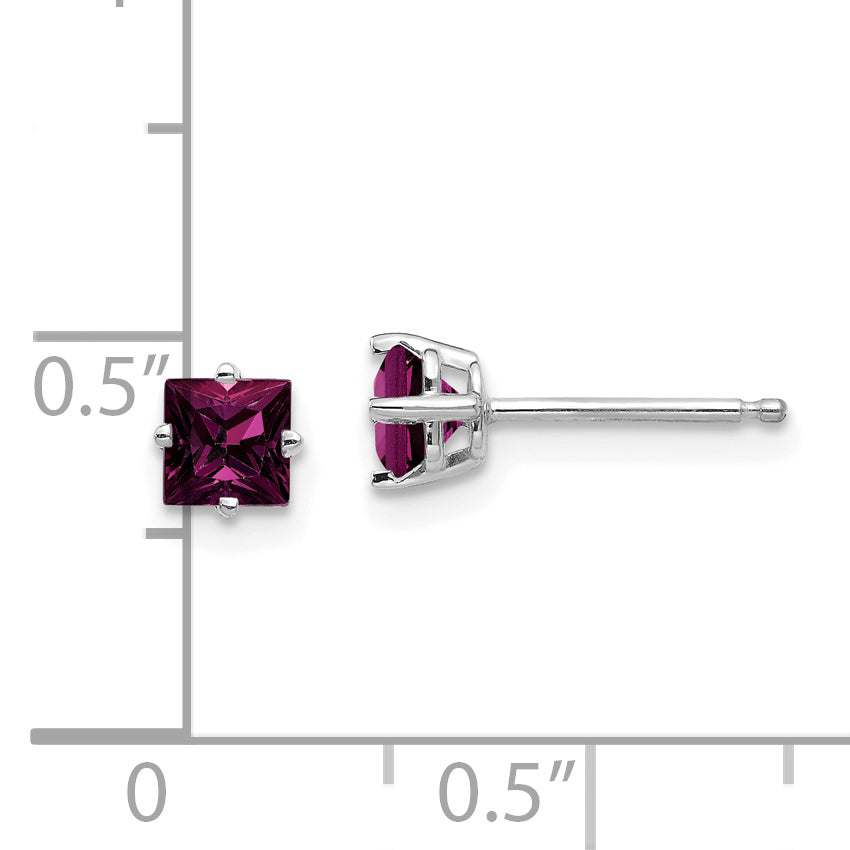 14k White Gold 4mm Princess Cut Rhodolite Garnet Earrings