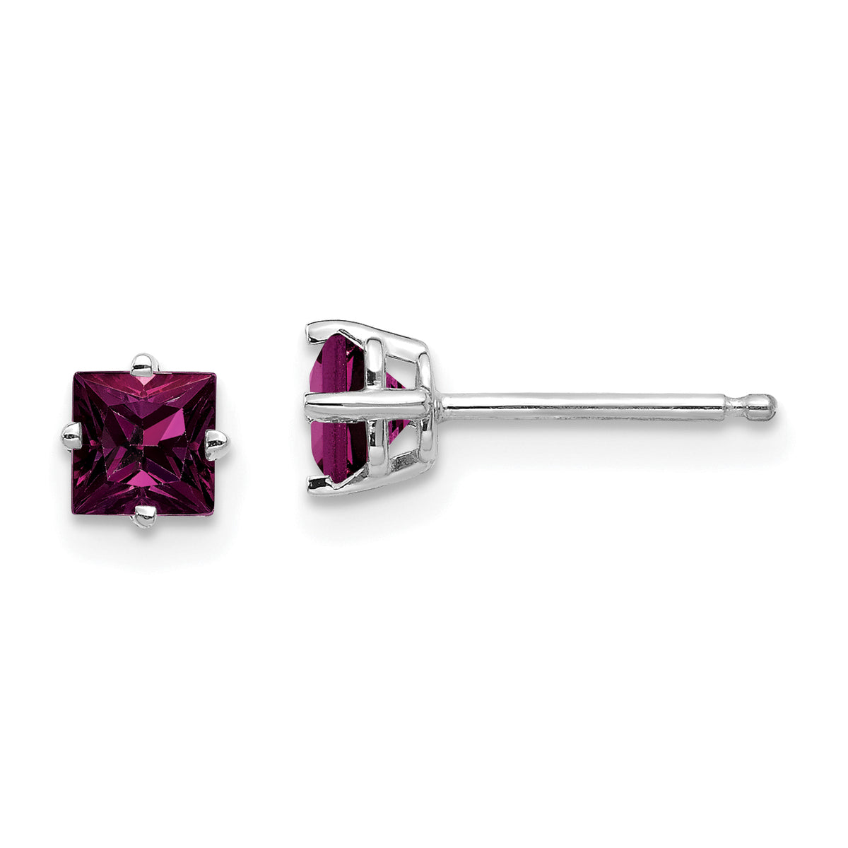 14k White Gold 4mm Princess Cut Rhodolite Garnet Earrings