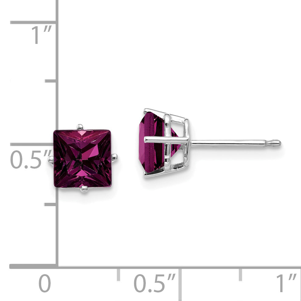 14k White Gold 6mm Rhodolite Garnet Princess Stud Earrings