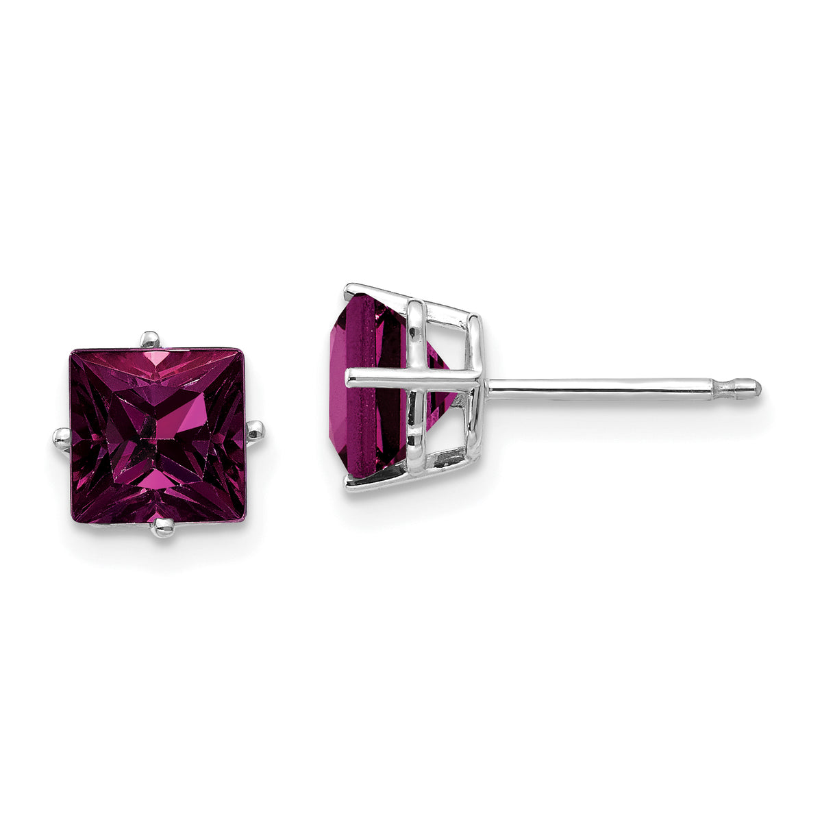 14k White Gold 6mm Rhodolite Garnet Princess Stud Earrings