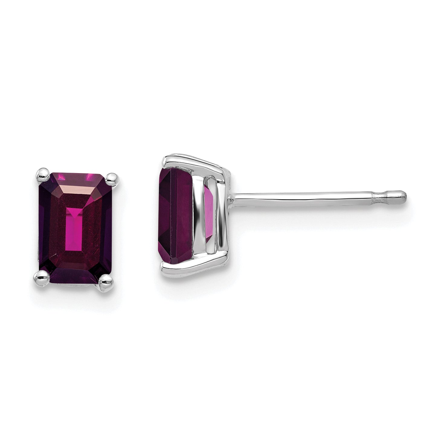 14k White Gold 6x4 Emerald Cut Rhodolite Garnet Stud Earrings