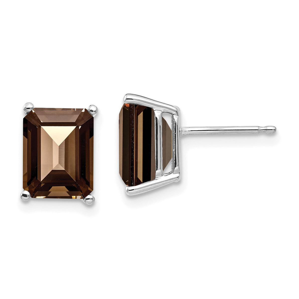 Emerald Smoky Quartz Stud Earrings in 14K White Gold, 9x7mm - Sophia Jewelers Main image