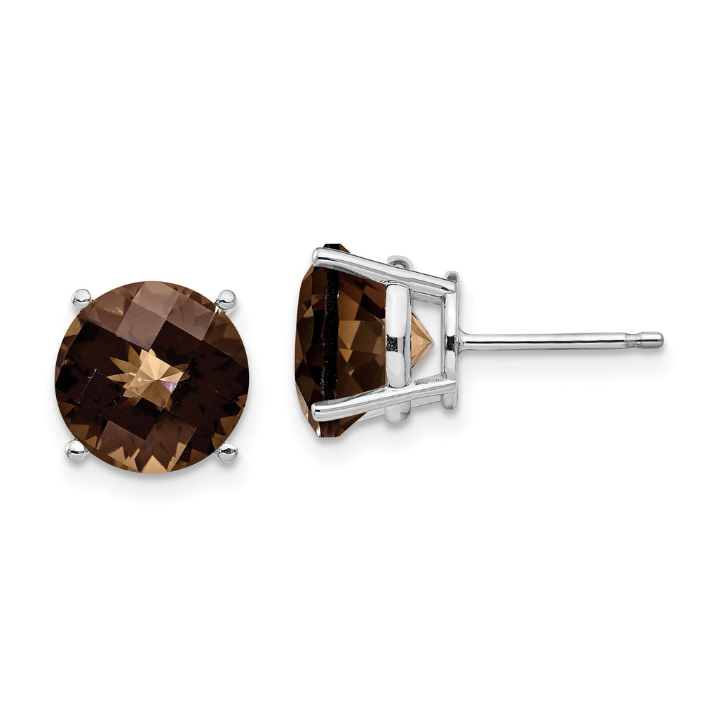 14kw 10mm Round Checker-Cut Smoky Quartz Earrings
