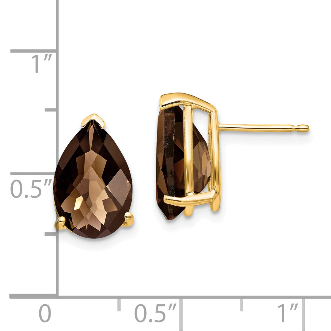 14k 12x8 Pear Checker-Cut Smoky Quartz Earrings