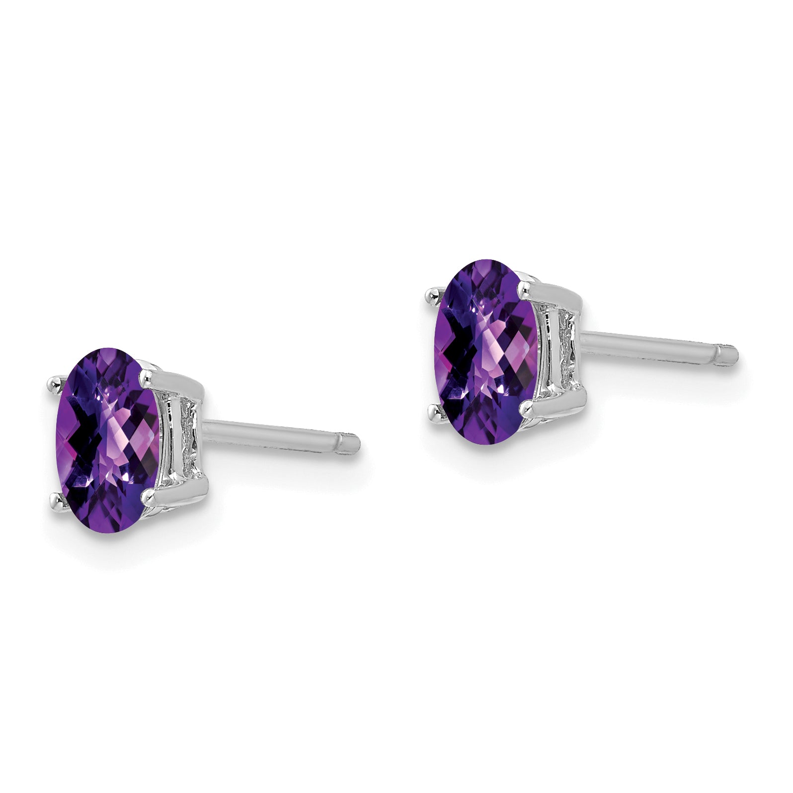 14k White Gold 6x4mm Oval Amethyst Checker Earrings
