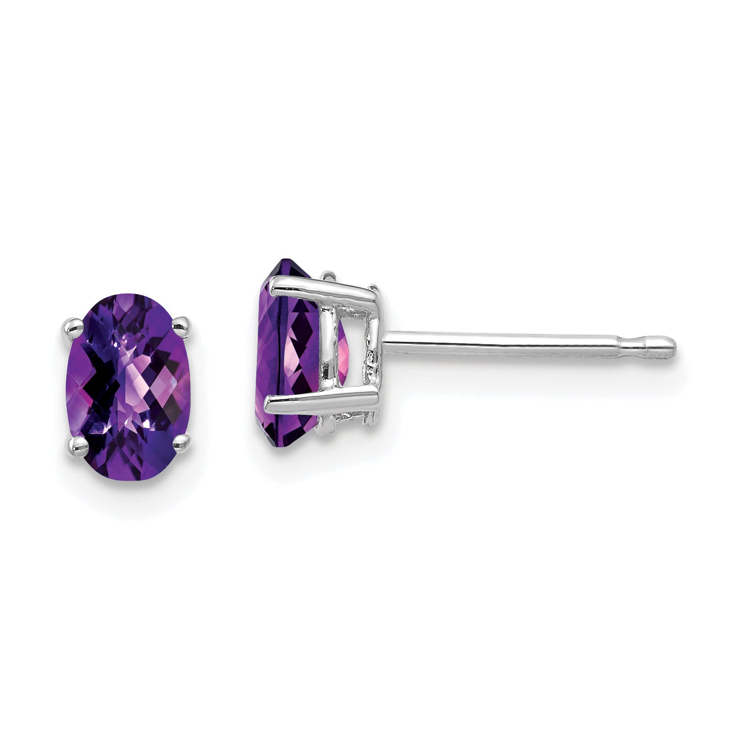 14k White Gold 6x4mm Oval Amethyst Checker Earrings Main image