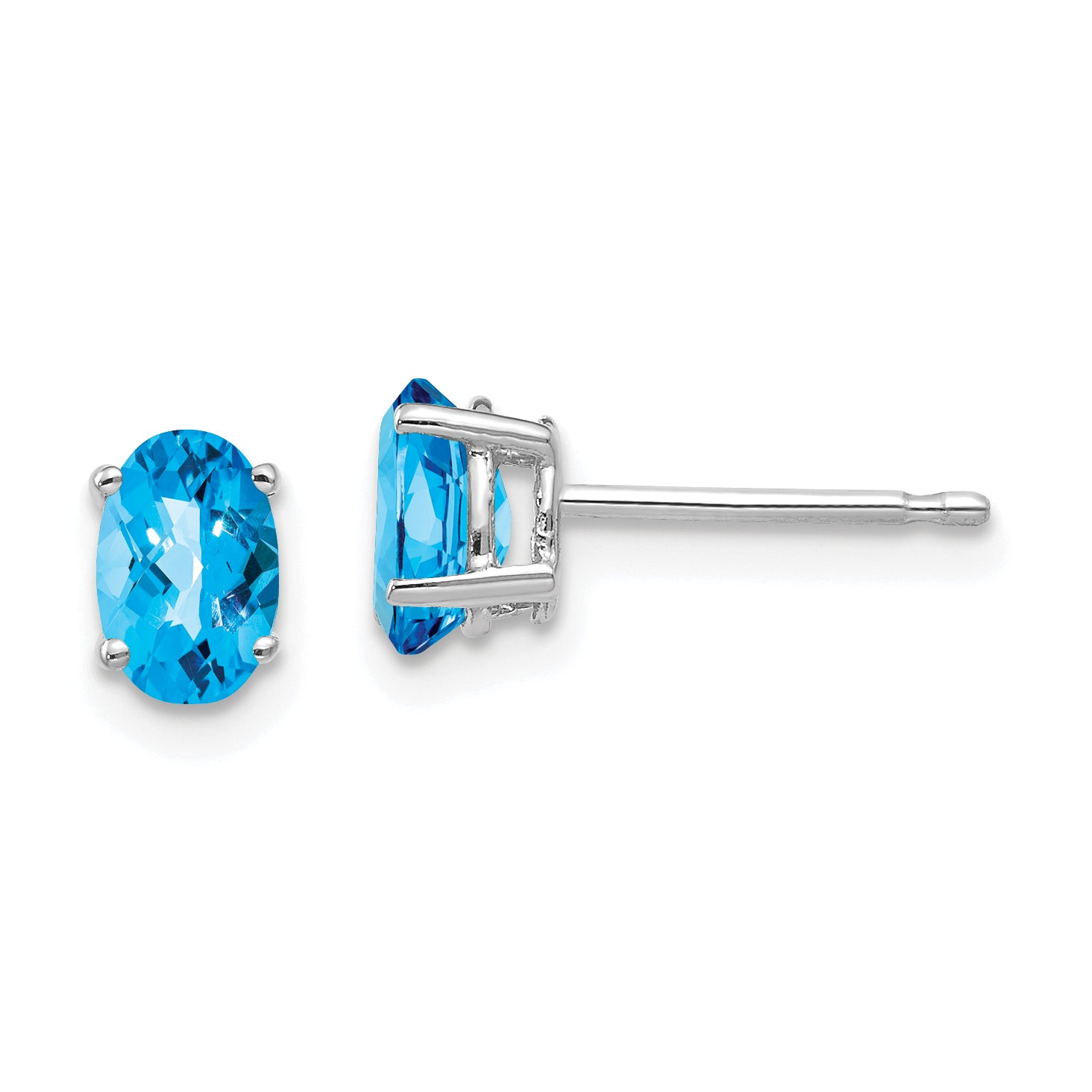 14k White Gold 6x4mm Oval Blue Topaz Checker Earrings Main image