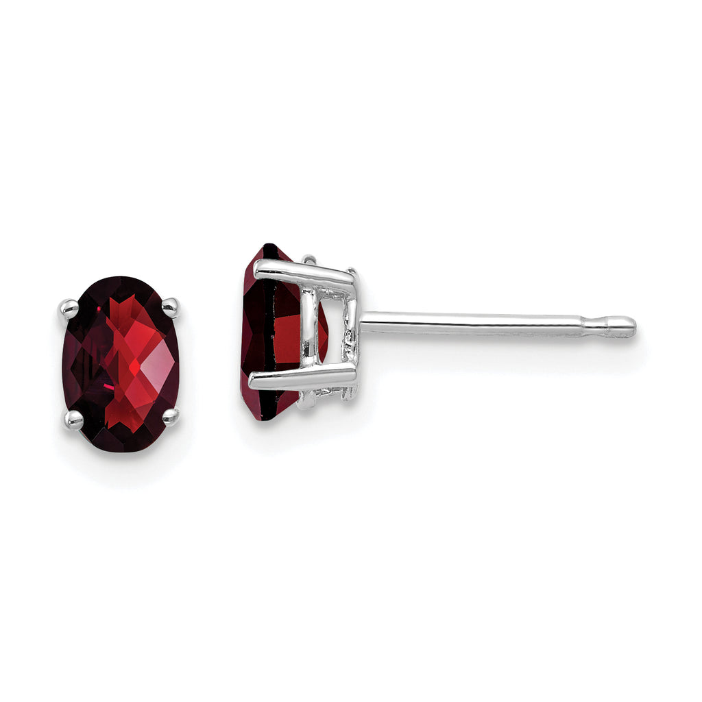14k White Gold 6x4mm Oval Garnet Checker Earrings