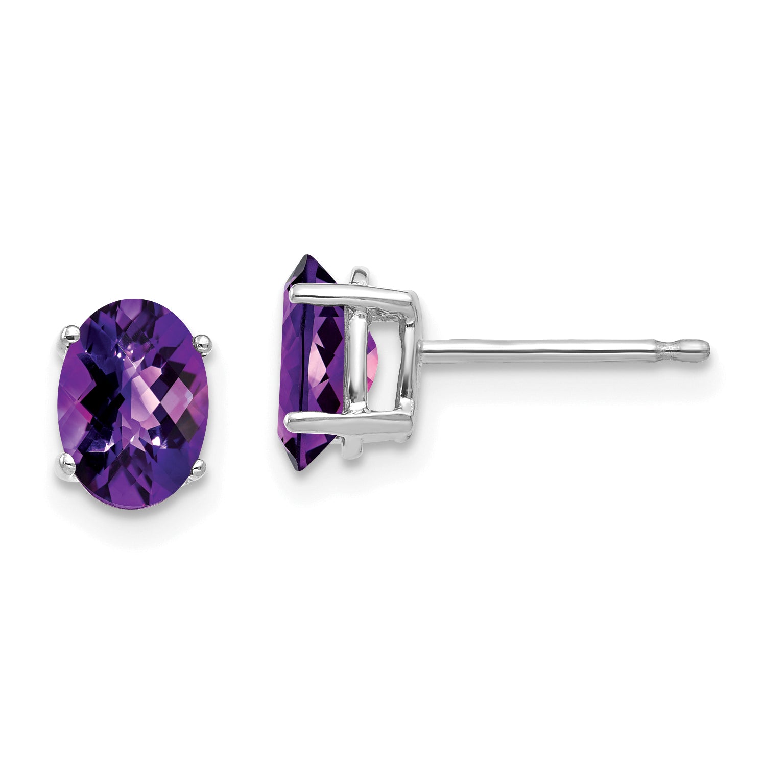 14k White Gold 7x5mm Oval Amethyst Checker Earrings Main image