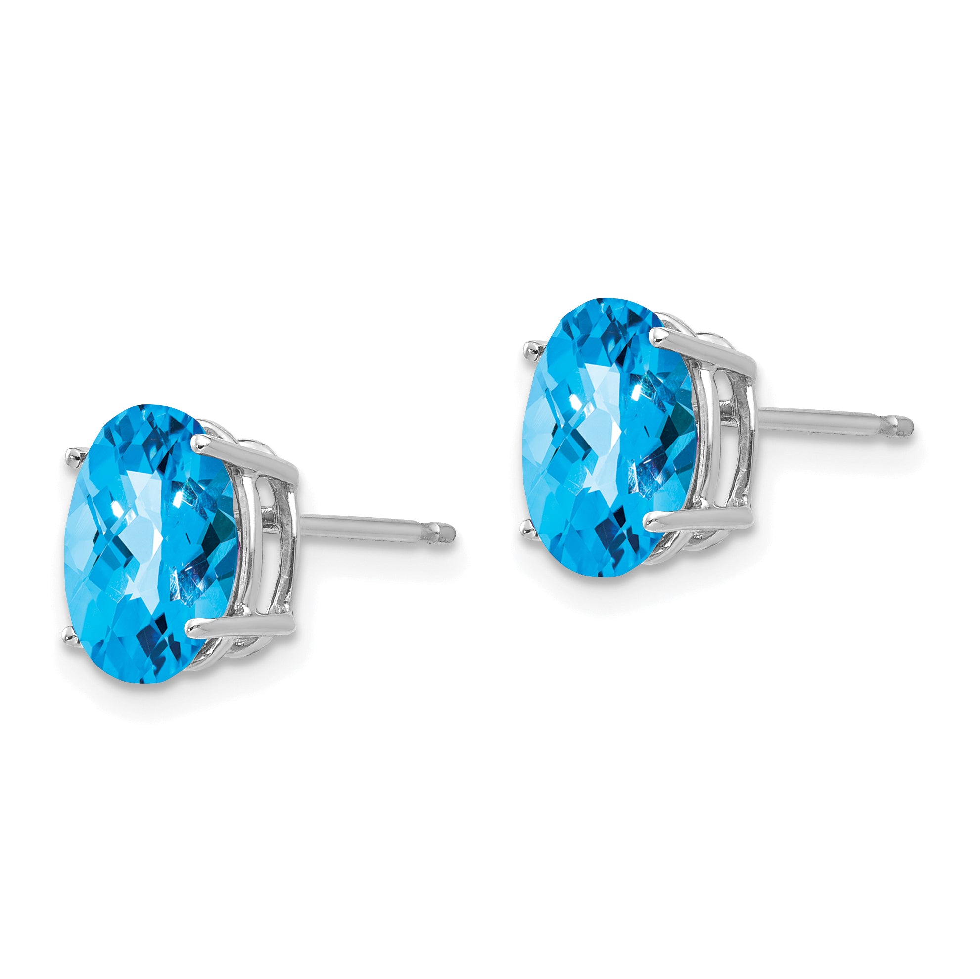 14k White Gold 9x7mm Oval Blue Topaz Checker Earrings Secondary image