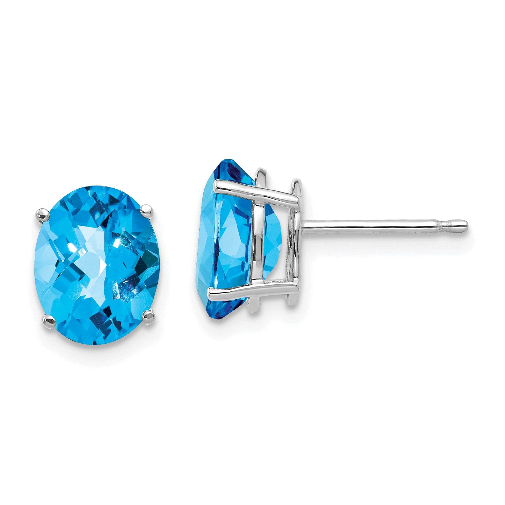 14k White Gold 9x7mm Oval Blue Topaz Checker Earrings Main image