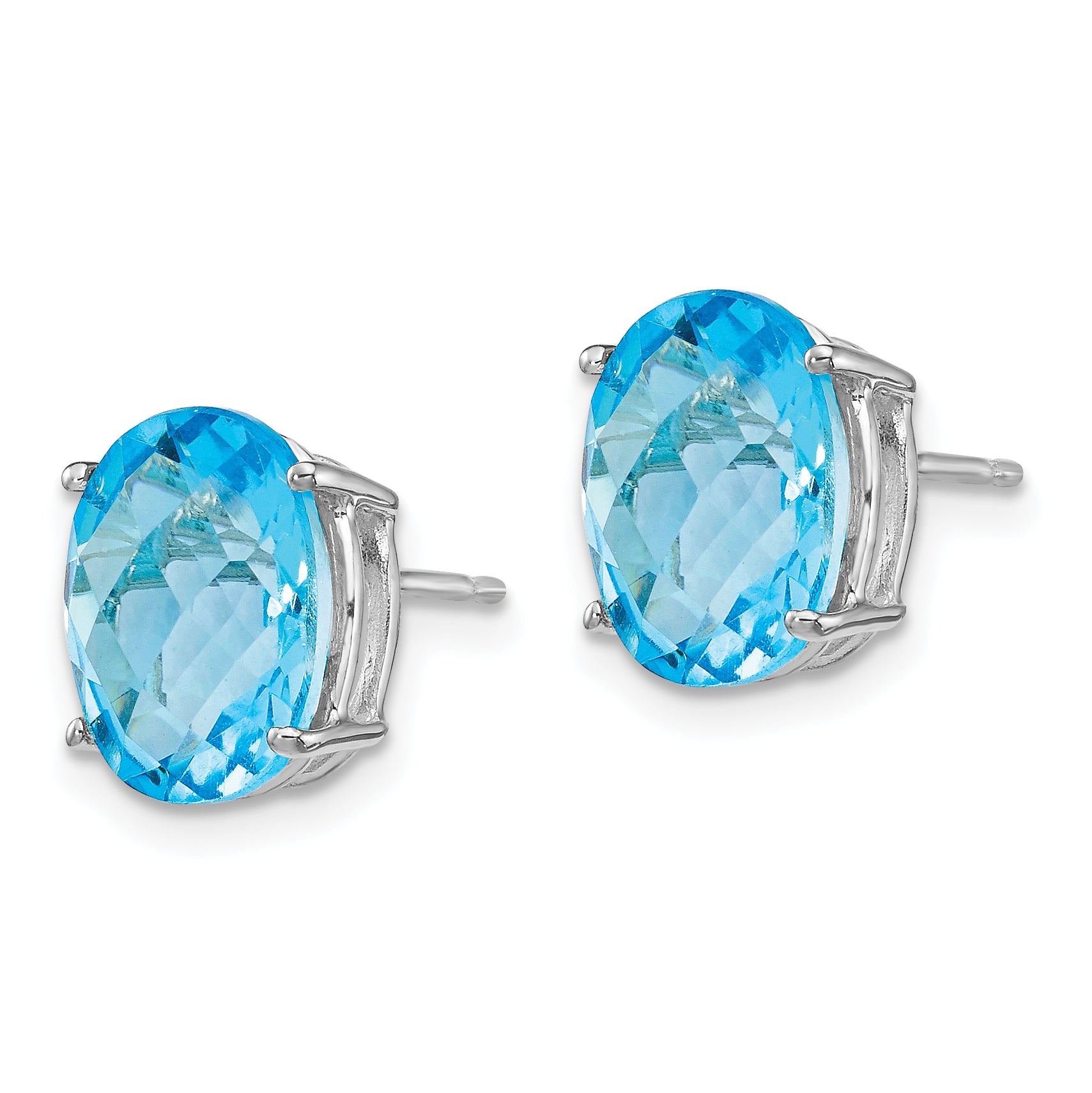 14k White Gold 10x8mm Oval Blue Topaz Checker Earrings Secondary image