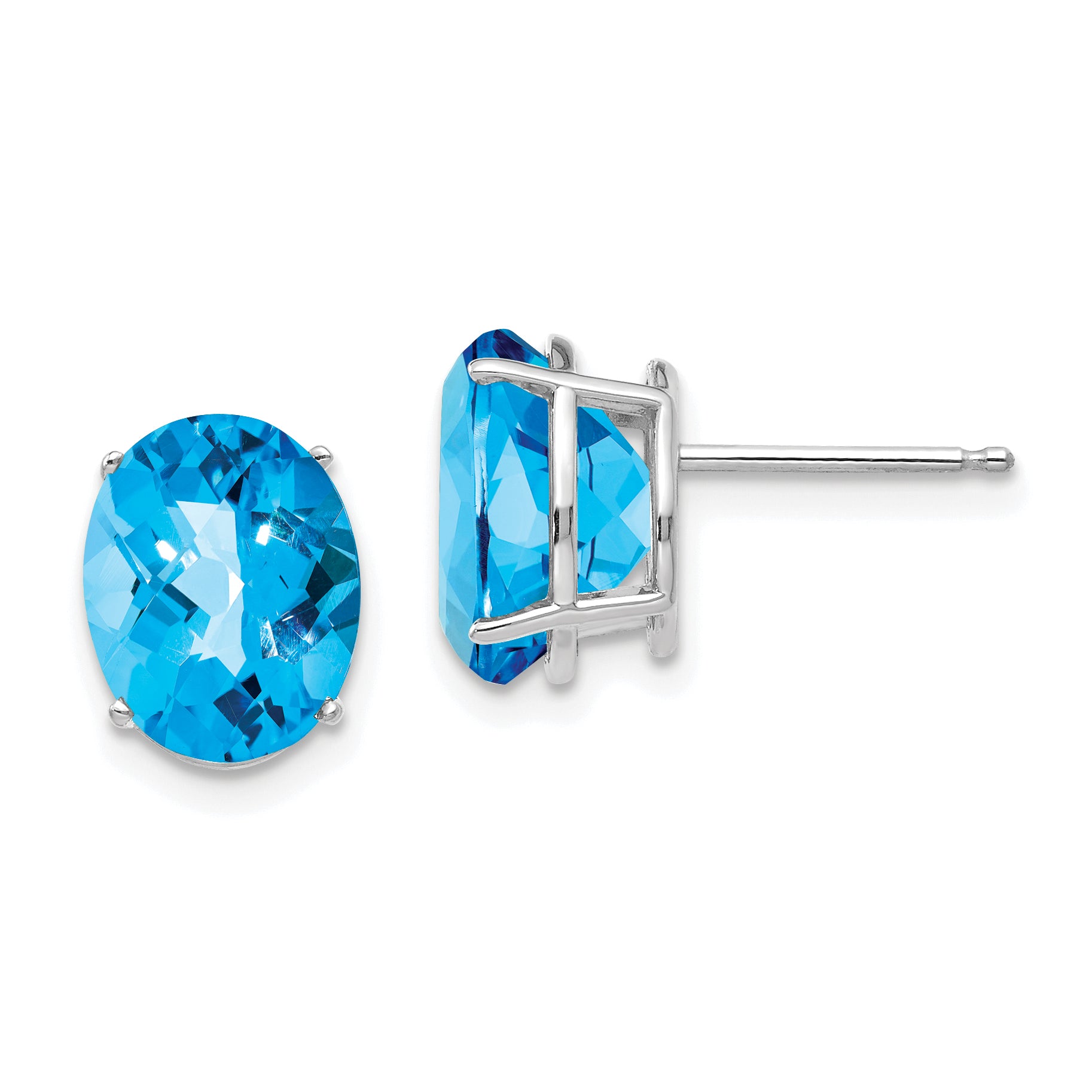 14k White Gold 10x8mm Oval Blue Topaz Checker Earrings Main image