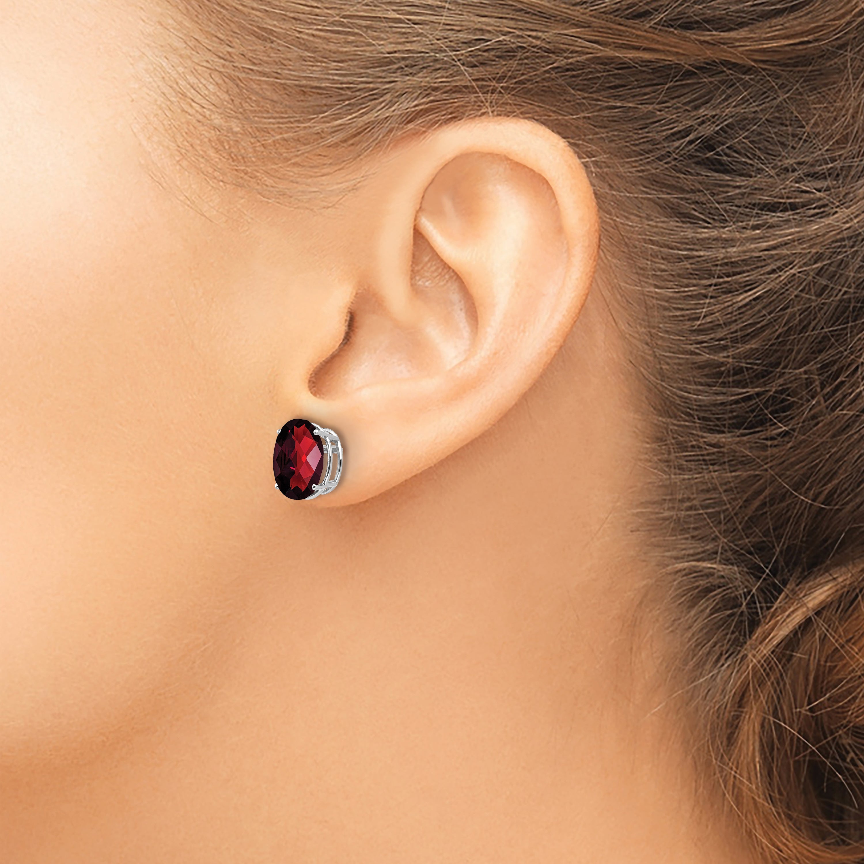 14k White Gold 10x8mm Oval Garnet Checker Earrings