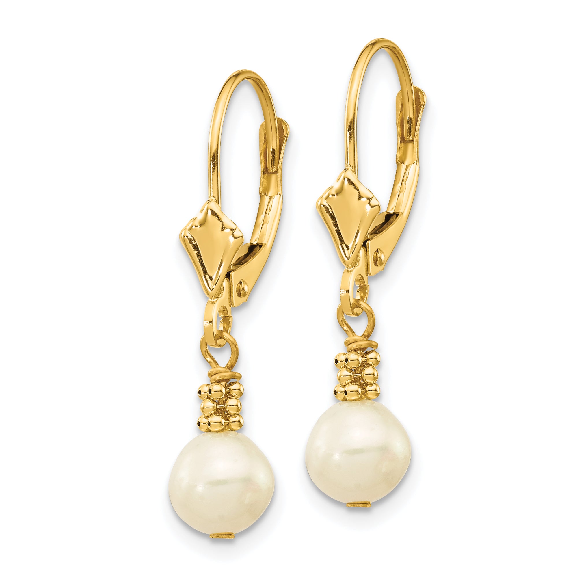 14K 5-6mm White Semi-round Freshwater Cultured Pearl Leverback Earrings