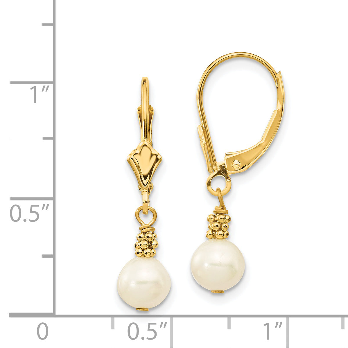 14K 5-6mm White Semi-round Freshwater Cultured Pearl Leverback Earrings