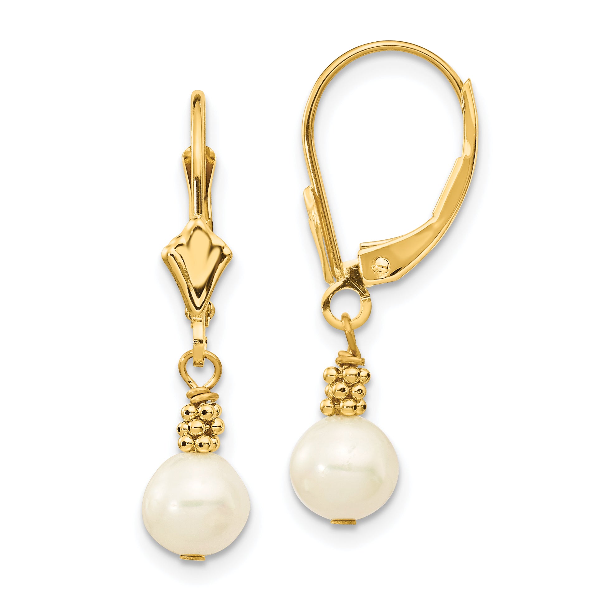 14K 5-6mm White Semi-round Freshwater Cultured Pearl Leverback Earrings Main image