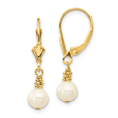 14K 5-6mm White Semi-round Freshwater Cultured Pearl Leverback Earrings