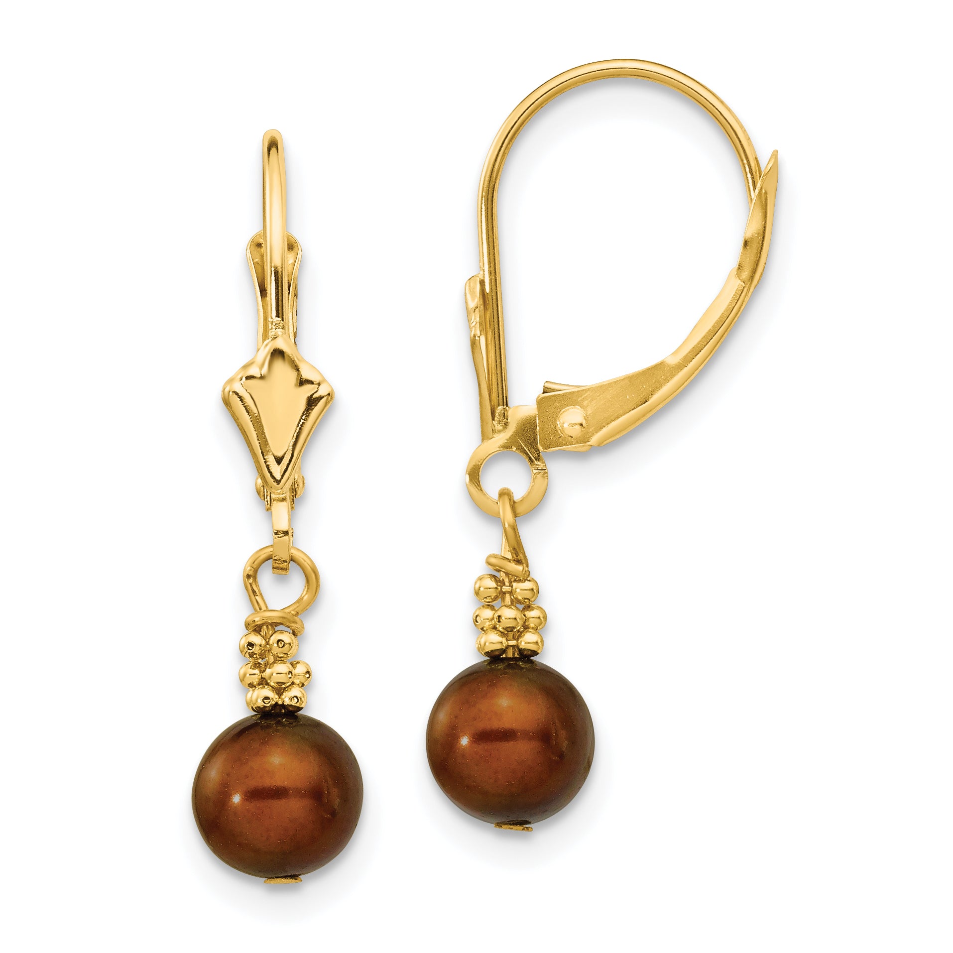 14K 5-6mm Coffee Brown Semi-round FW Cultured Pearl Leverback Earrings