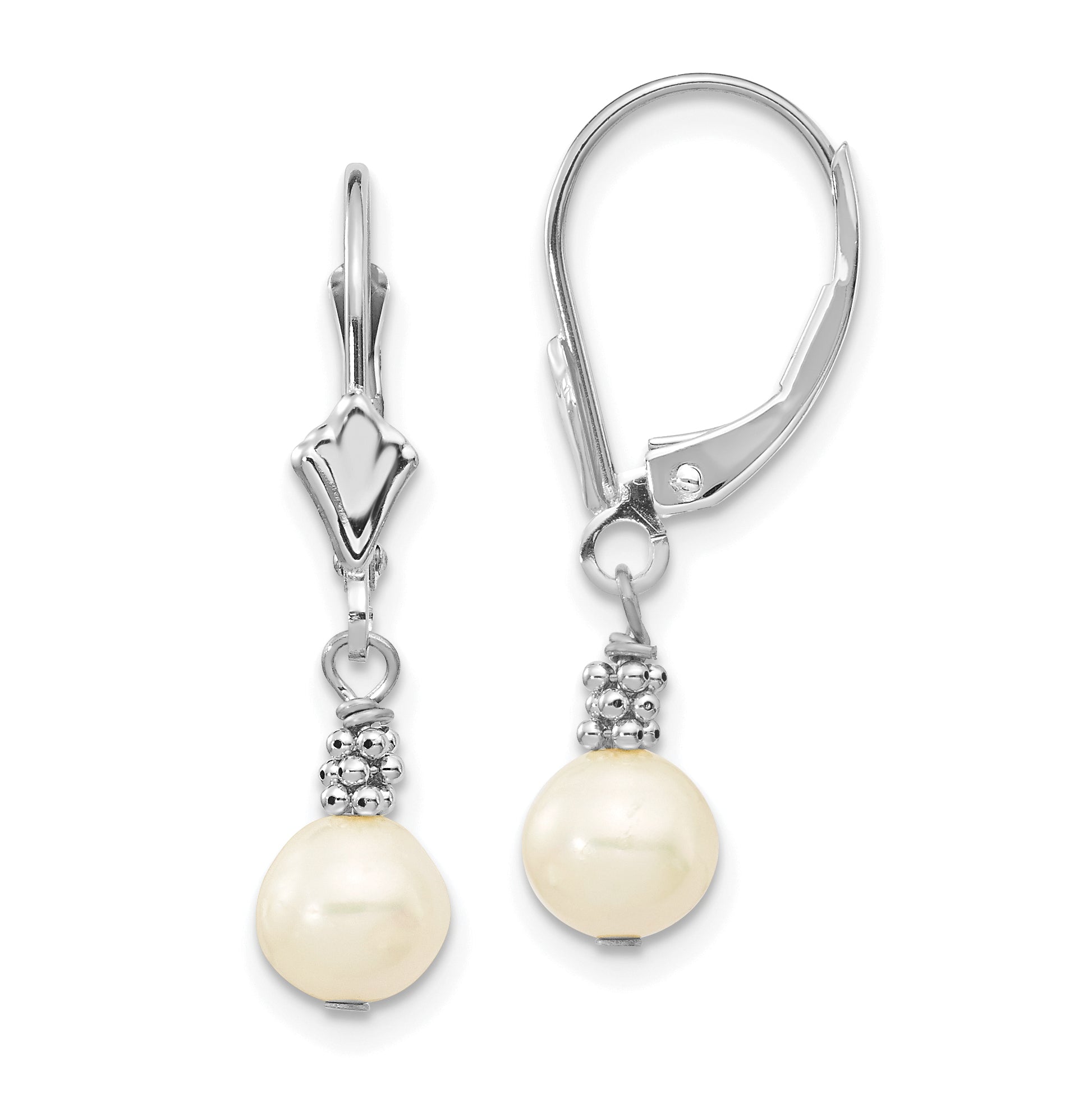 14K White Gold 5-6mm White Semi-round FWC Pearl Leverback Earrings
