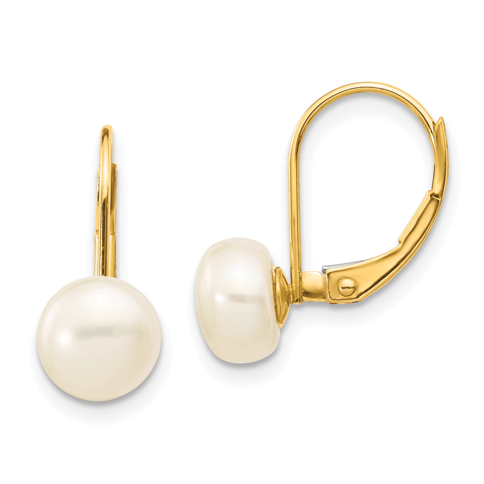 14K 7-8mm White Button Freshwater Cultured Pearl Leverback Earrings Main image