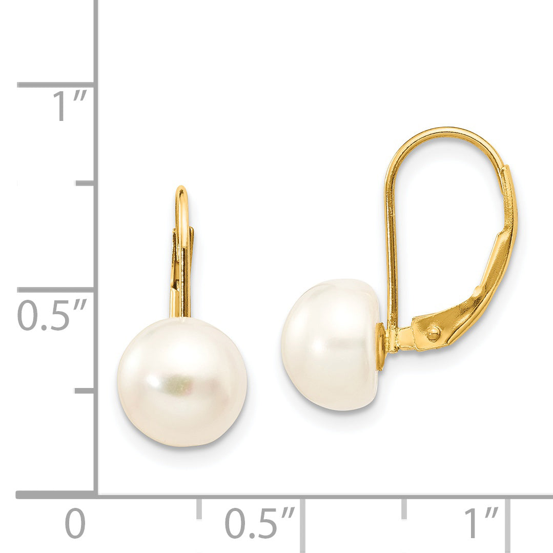 14K 8-9mm White Button Freshwater Cultured Pearl Leverback Earrings