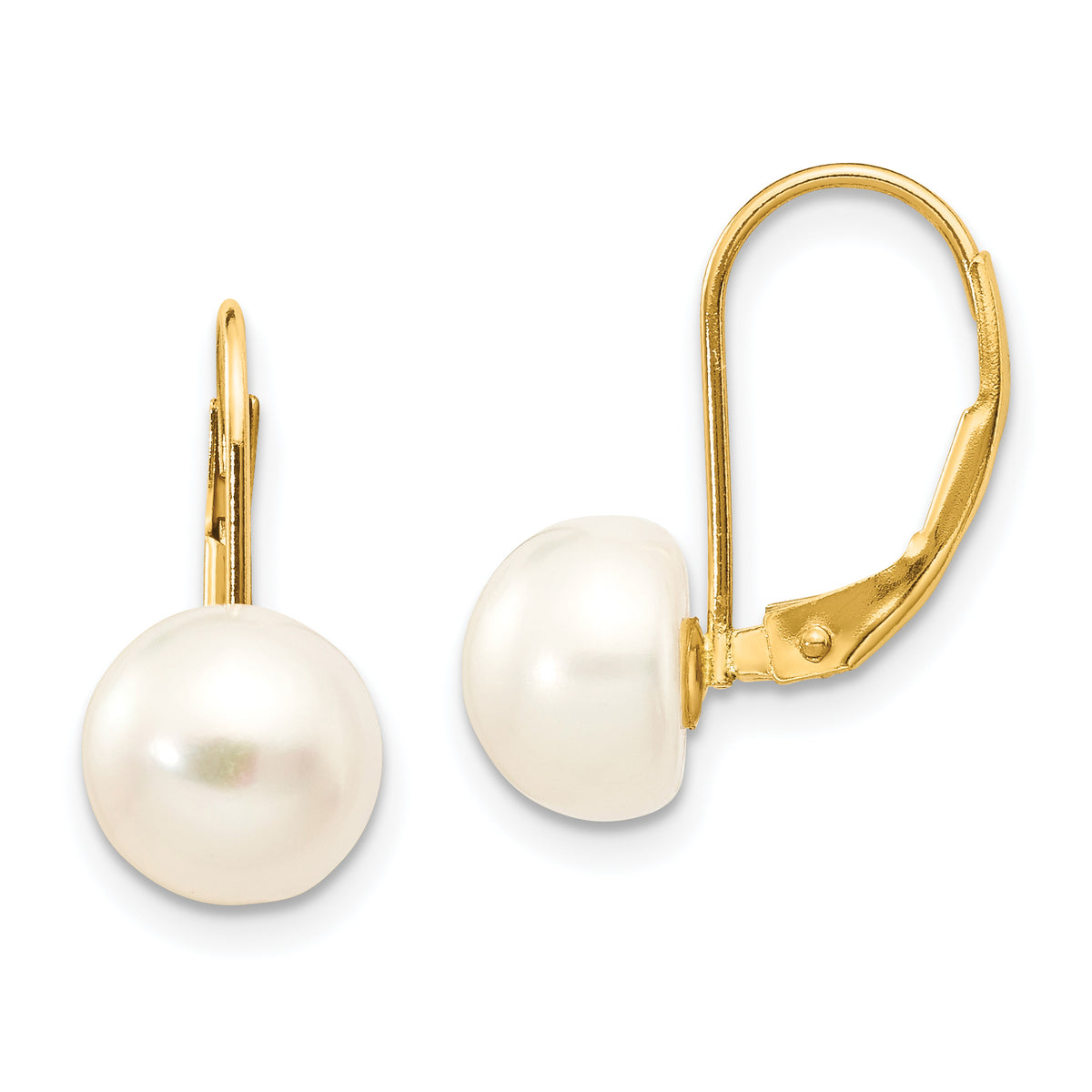 14K 8-9mm White Button Freshwater Cultured Pearl Leverback Earrings