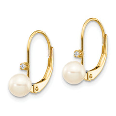 14K 5-6mm Round White FWC Pearl .02 ct. Diamond Leverback Earrings
