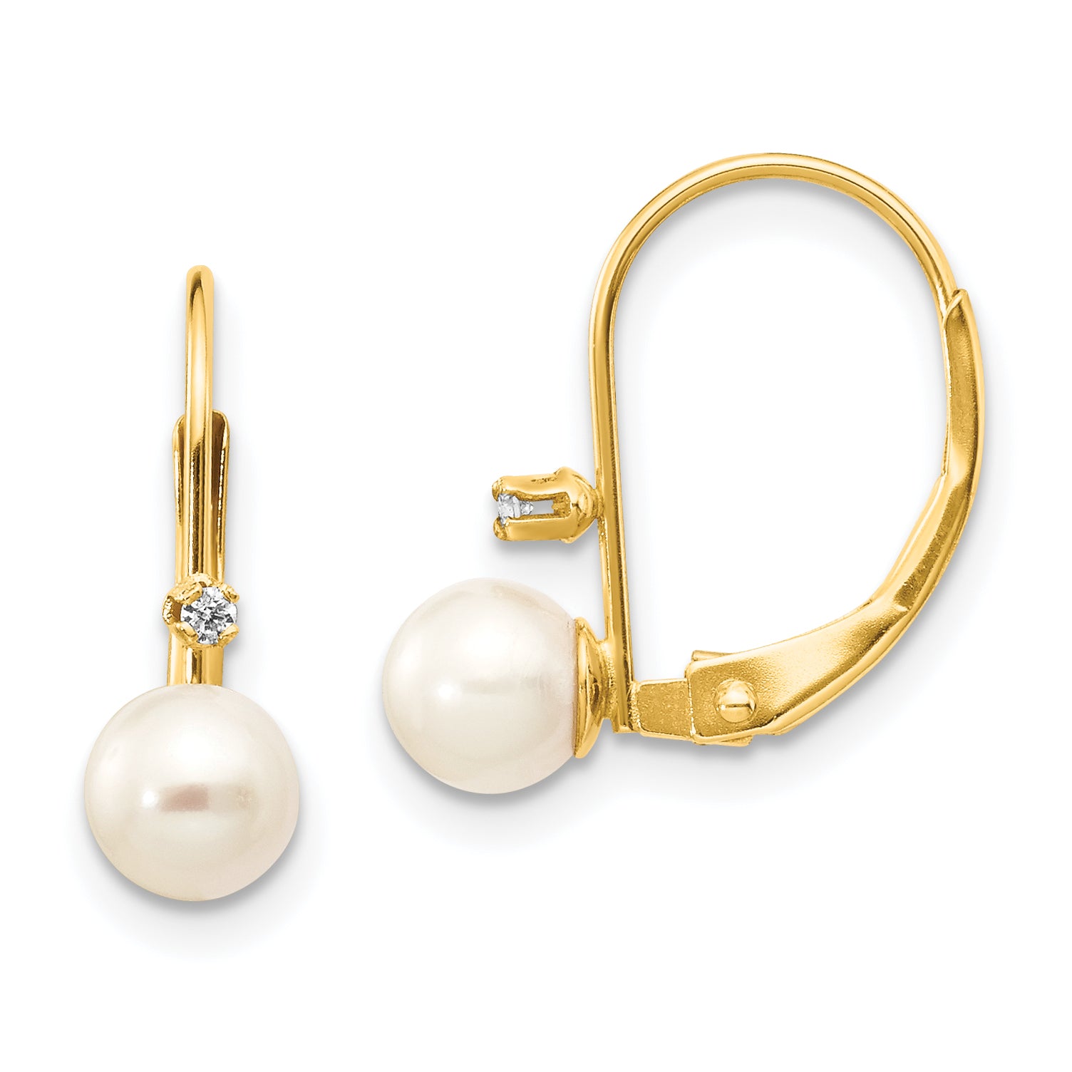 14K 5-6mm Round White FWC Pearl .02 ct. Diamond Leverback Earrings Main image